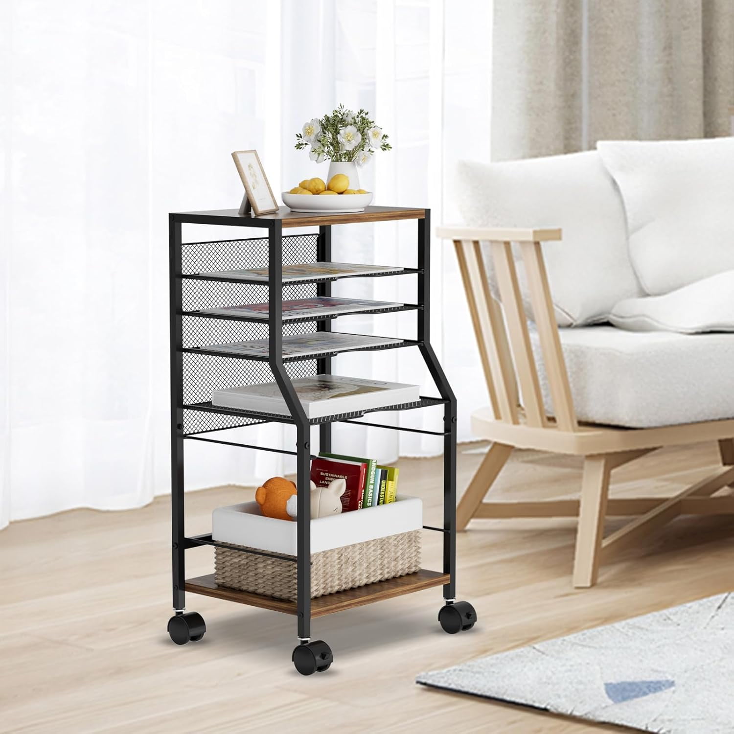 Rolling File Cart, 6 Tiers Under Desk Organizer on Wheels, Wood Planks and Mesh Cart with Hanging File Folders Rack and Paper Trays, Black