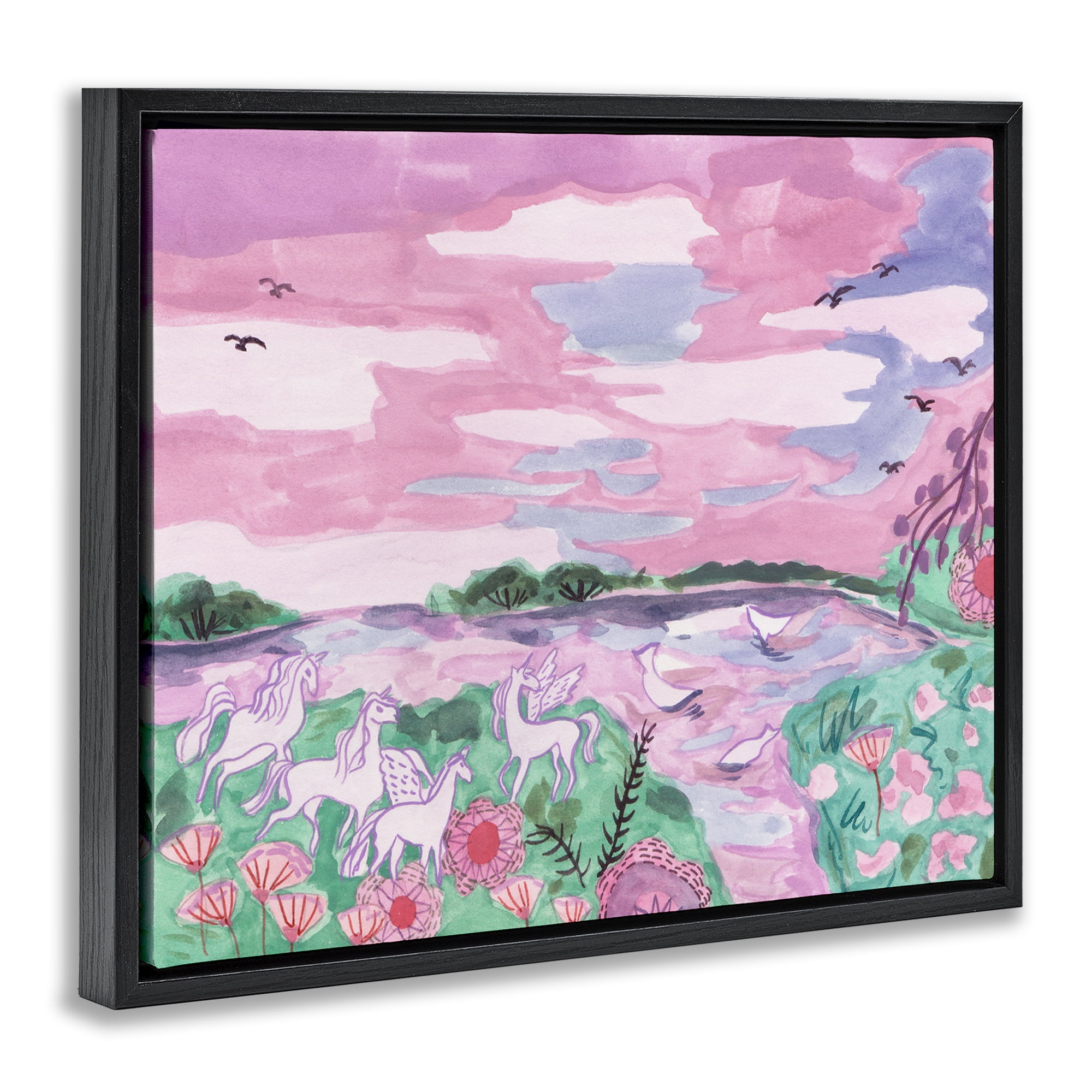Stupell Industries Pastel Unicorns Landscape Fantasy & Sci-Fi Painting Black Floater Framed Canvas Art Print Wall Art, 31 x 25