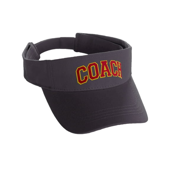 Classic Sport Team Coach Arched Letters Sun Visor Hat Cap Adjustable Back (Charcoal Hat Gold Red Letters)