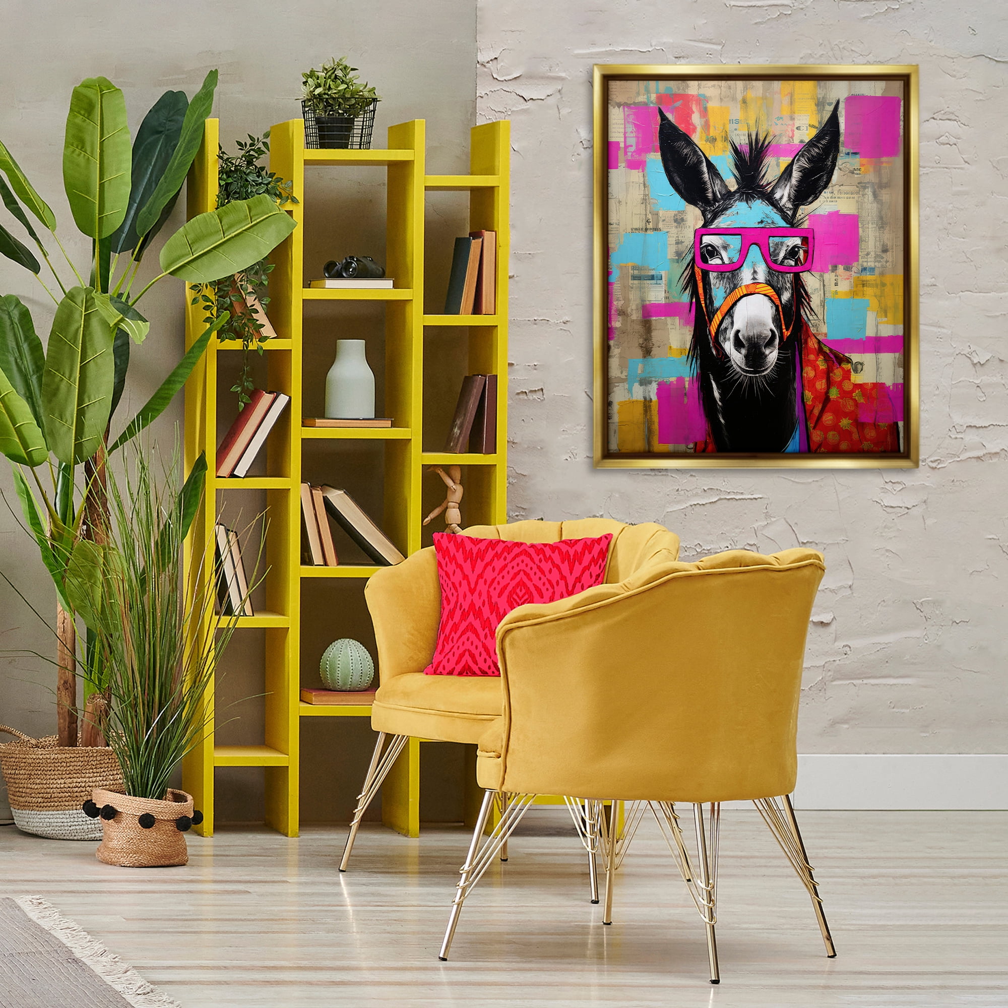 Stupell Industries Quirky Spectacle Donkey Animals Painting Gold Floater Framed Canvas Art Print Wall Art, 25 x 31