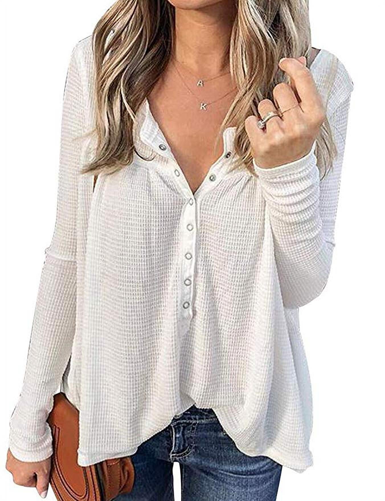 Women Waffle Knit V Neck Button Down 