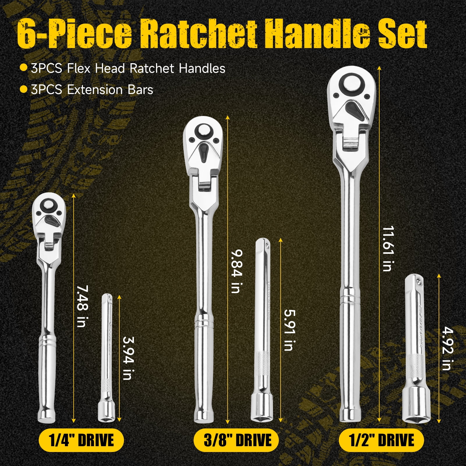 6-Piece Flex Head Ratchet Set, 1/4", 3/8", 1/2" Drive, Swivel Head Ratchet Wrench with Extension Bar, 72 Tooth, 180° Adjustable, Quick-Release, Flexible Ratchet Handle