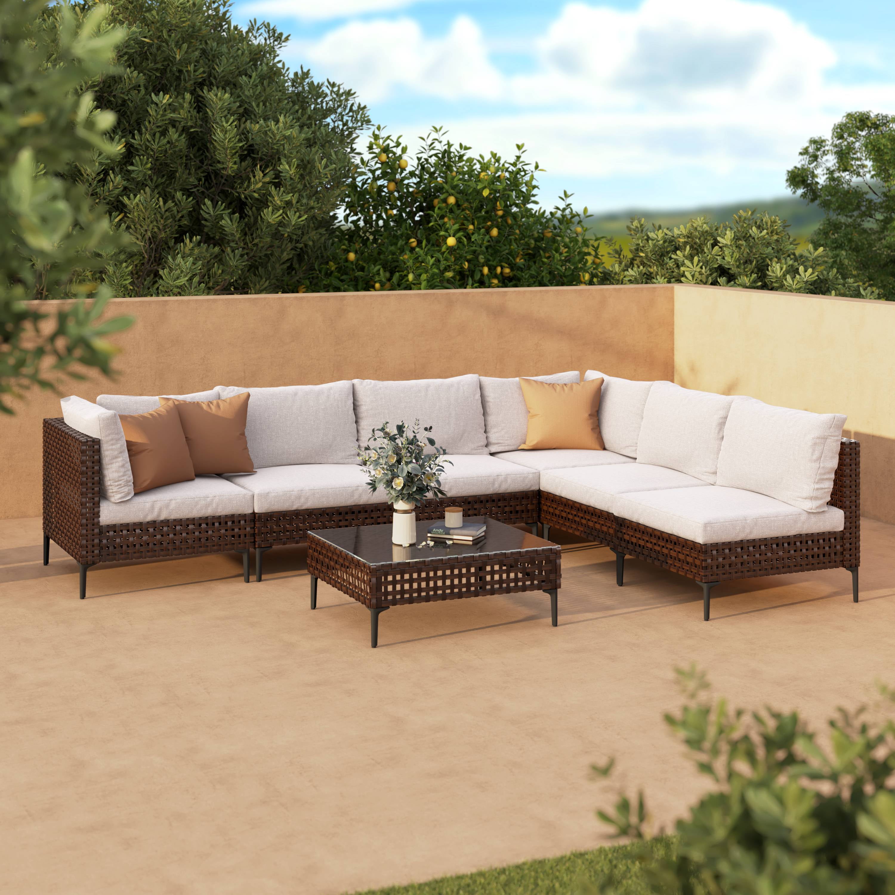 GRANDPATIO Boho 7-Piece Open Weave Wicker Patio Furniture Set, Outdoor Conversation Set with Thick Cushions, Beige Cushion&Brown Wicker