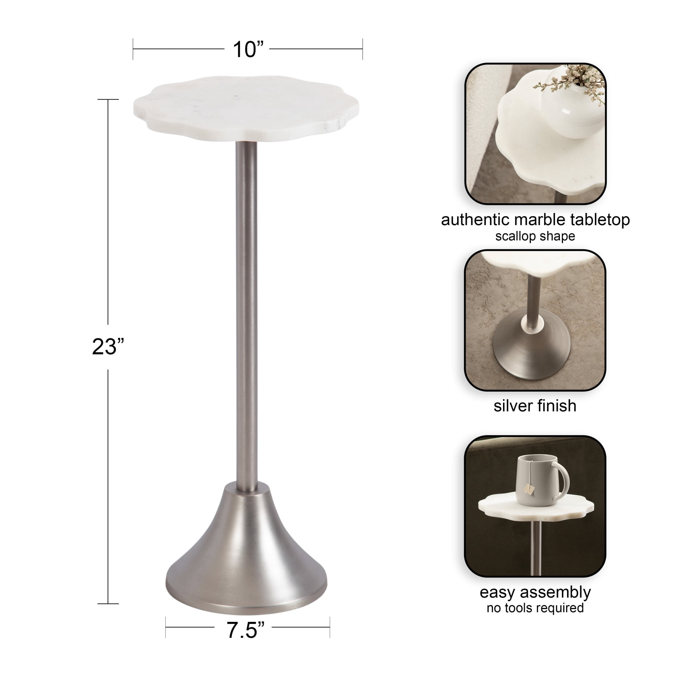 Kate and Laurel Sanzo Modern Pedestal Drink Table, 10 x 10 x 23, White Marble and Silver, Decorative End Table with Scalloped Marble Tabletop for Use as Small Plant Stand or Cute Martini Table