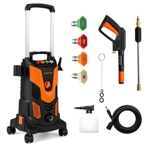 Ironmax Electric Pressure Washer with 4 Nozzles & Soap Bottle Lockable Wheels for Cleaning Orange