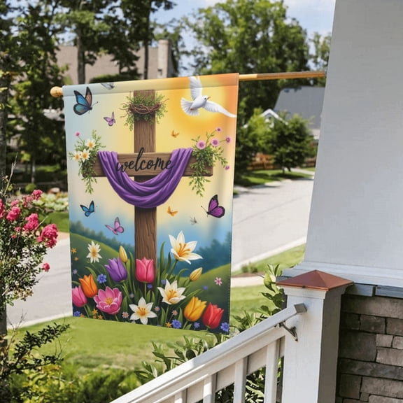 Spring Garden Flag Double Sided Cross Christian Religious Spring Lily Colorful Flowers Butterfly Easter 12X18 Vertical Double Sided Farmhouse Holiday Outside Decorations Yard Flag