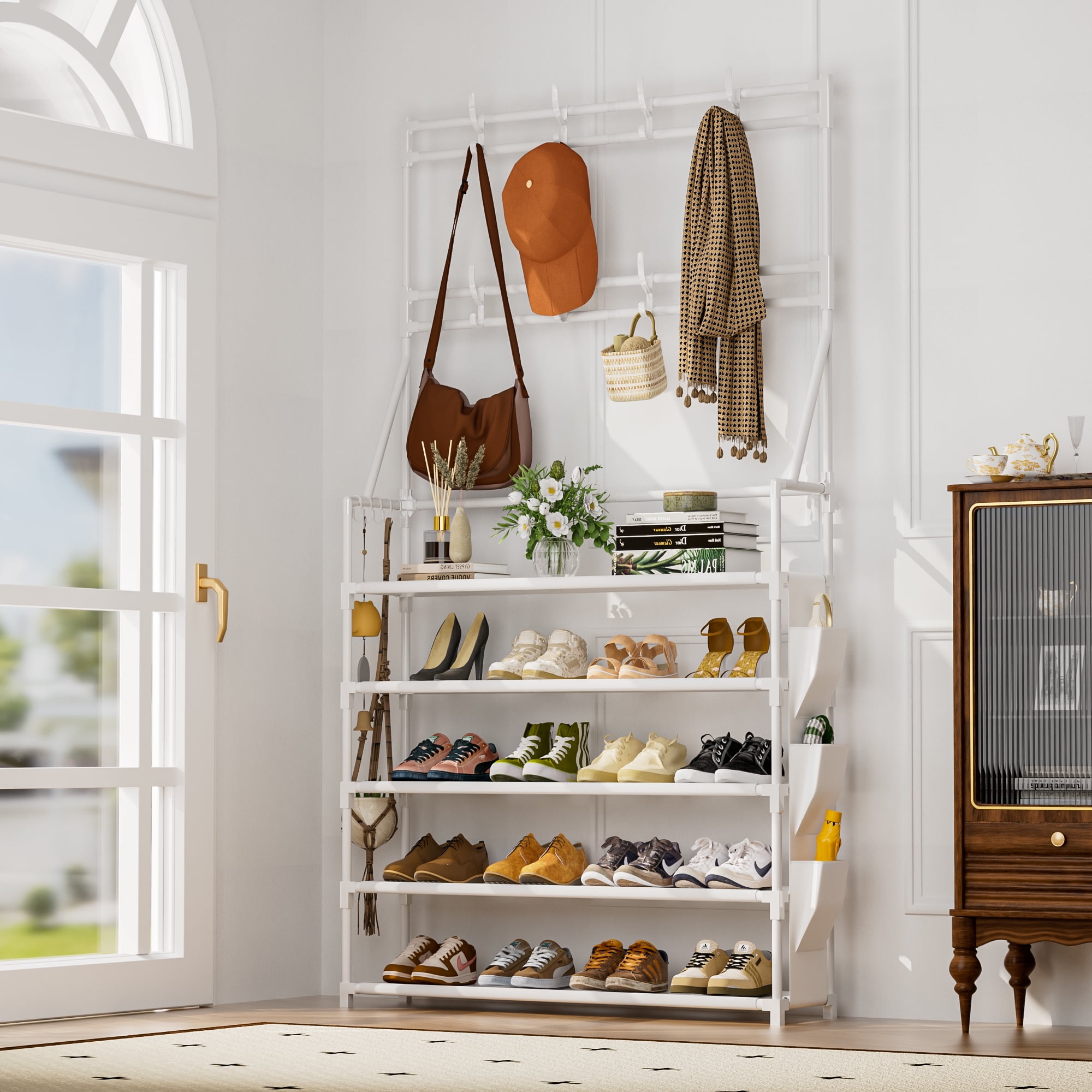 5 Tier Shoe Rack Storage 20-25 Pairs Sturdy Metal Shoes Rack Organizer with Multifunctional Hooks and Side Pocket for Closet Entrance Space Saving Large Capacity