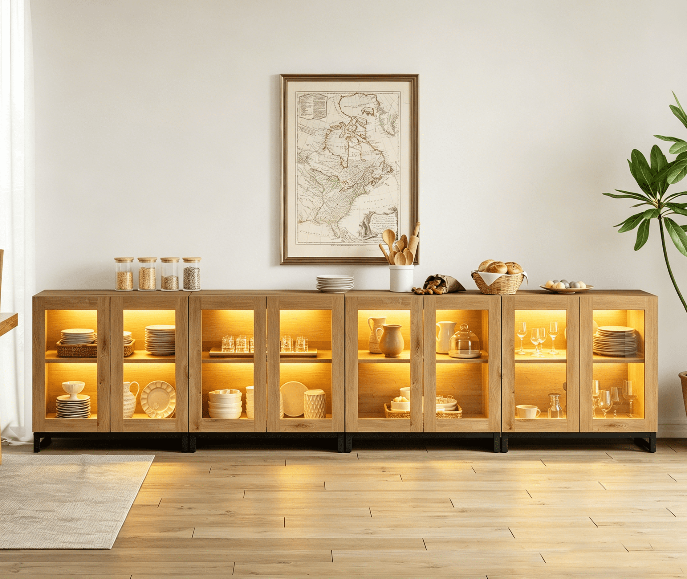 Modern Sideboard Buffet Cabinet with Glass Door & Drawer, Adjustable Shelf Credenza, Coffee Bar Storage Cabinet for Living Room & Kitchen,Oak