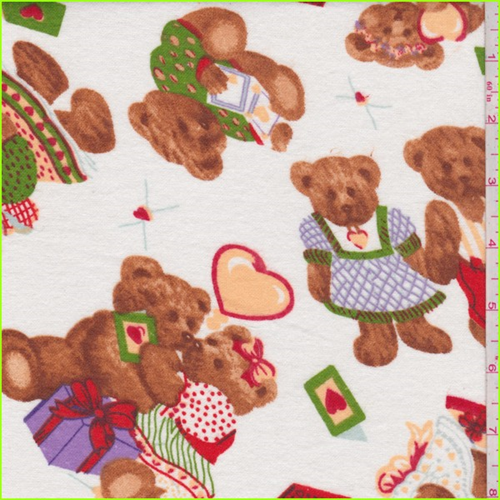 White Multi Bear Print Flannel, Fabric By the Yard