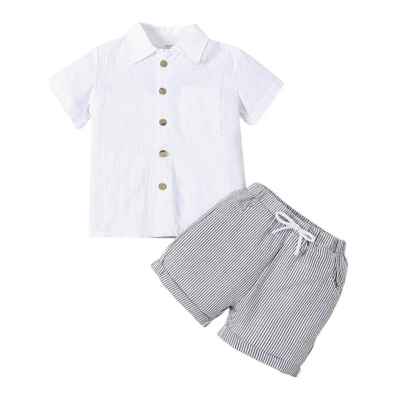 TAIAOJING Toddler Boys Linen Blend Short Sleeve Shirt Set Casual Summer Two Piece Outfits Sets With Collar & Solid Colors Versatile 12-18M
