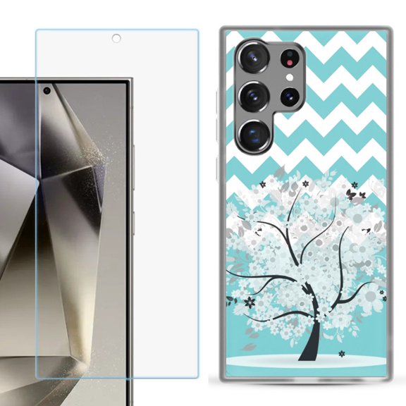 OneToughShield ® Compatible with Samsung Galaxy S24 Ultra, Shockproof Phone Case, with Tempered Glass Screen Protector - Chevron/Tree