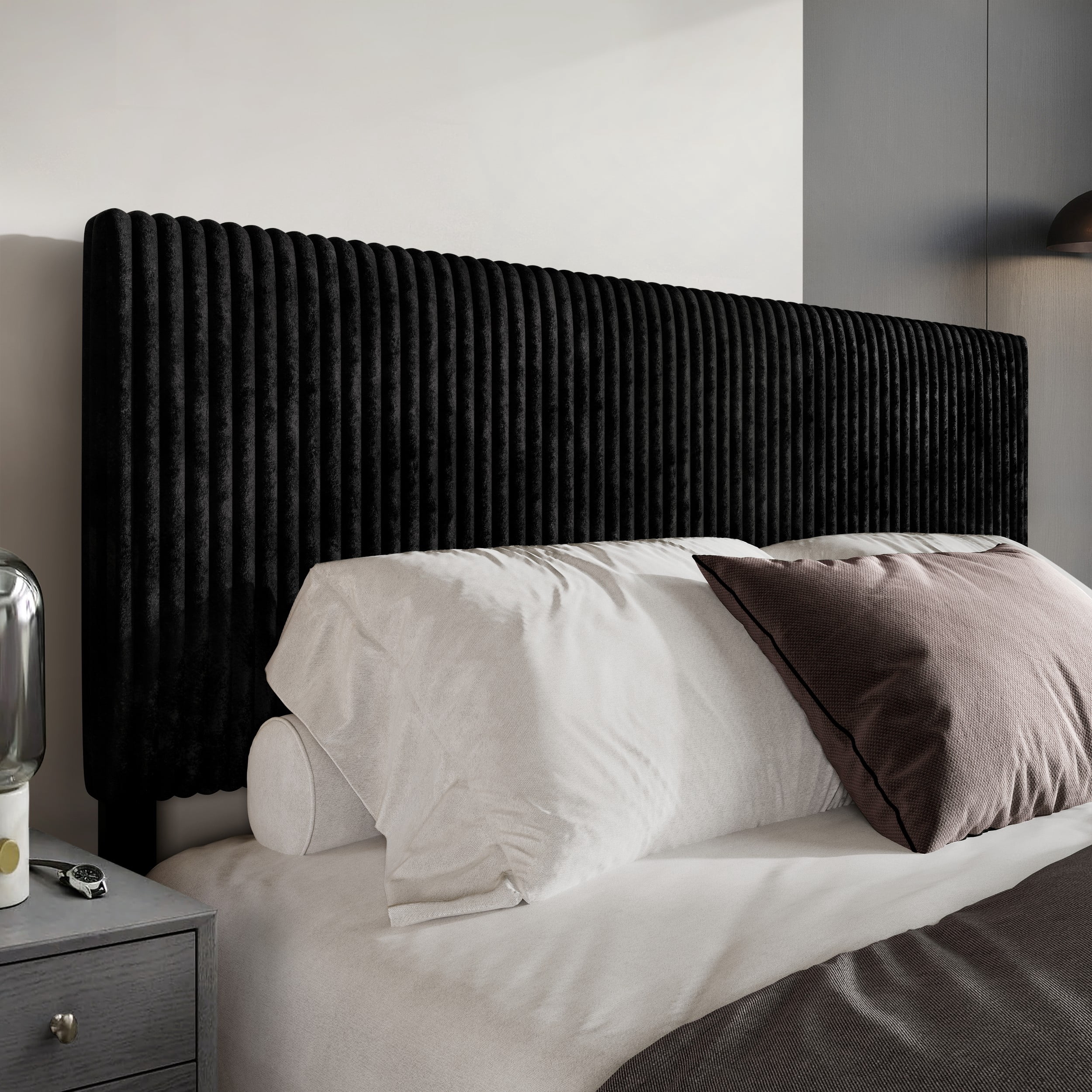 Home Design Romney Twin Upholstered Headboard with Vertical Channel Tufting, Adjustable Height, Black