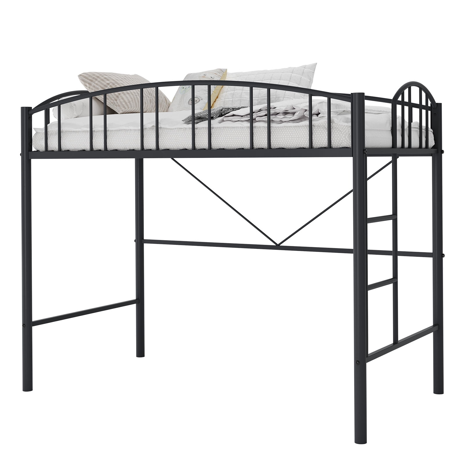 Heavy Duty Metal Loft Bed Frame - Twin Size with Ladder & Arched Safety Rail, Sturdy Steel Slats, No Box Spring Required, Space Saving Design for Kids, Adults, Dorm, Small Rooms - Size: Twin