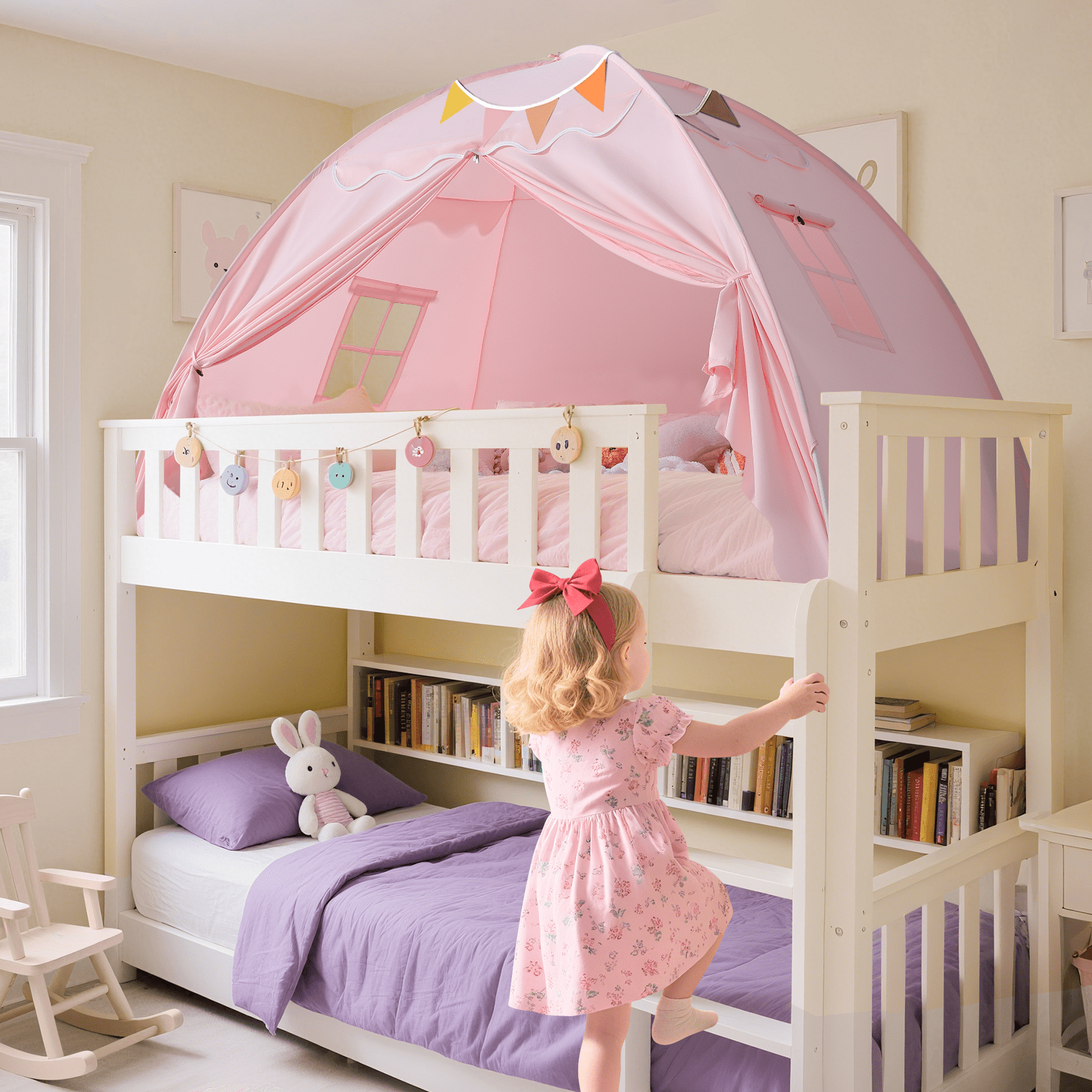 SweHouse Toddler Bed Canopy Lights & Flags Sleeping Playhouse Tent, Portable Indoor Privacy Play Space. Foldable Drafty Room Tent for Boys & Girls, Kids Birthday Gifts Golden Beige Large Size (Pink)