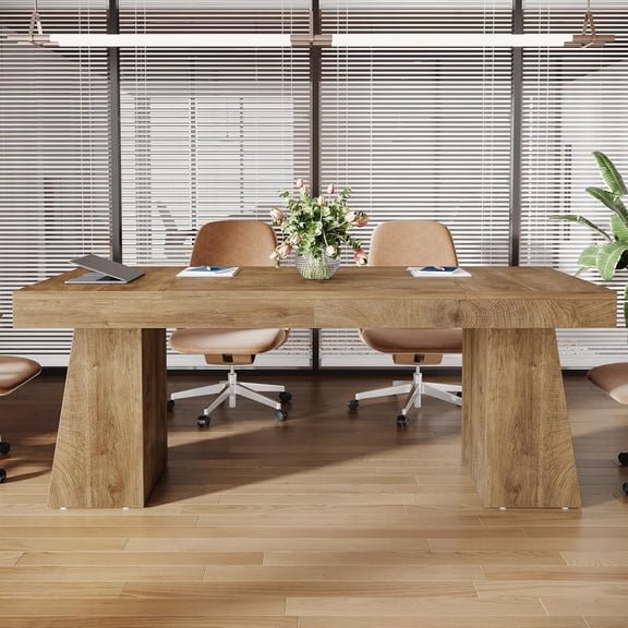 Tribesigns 55.1" W Modern Conference Table: Professional Meeting Desk with Thick Tabletop and Double Trapezoidal Legs, Designed for 4-6 People, Natural