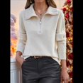 thumbnail image 3 of Suéter de Otoño para Mujer, de Larga, con Cremallera de 1/4, Sudadera Holgada de Punto Acanalado con Abertura. Crema L, 3 of 4