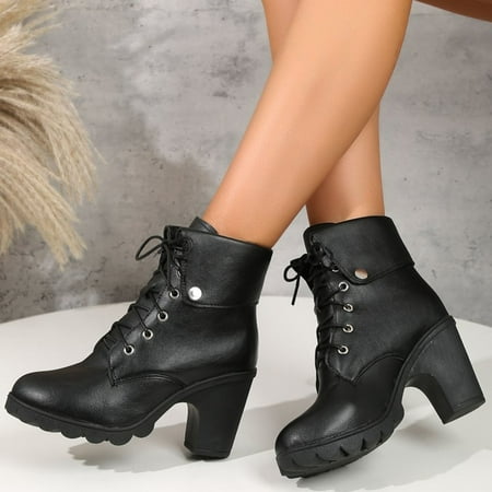 

Akiihool Womens Boots Womens Platform Ankle Boots Elastic Block Heel Booties Lug Sole Non-Slip Shoes (Black 7.5)
