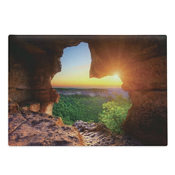 Natural Cave Cutting Board, Canyon at Sunset Time from the Cave Exploration Theme Secret Perspective, Decorative Tempered Glass Cutting and Serving Board, Large Size, Green Orange, by Ambesonne