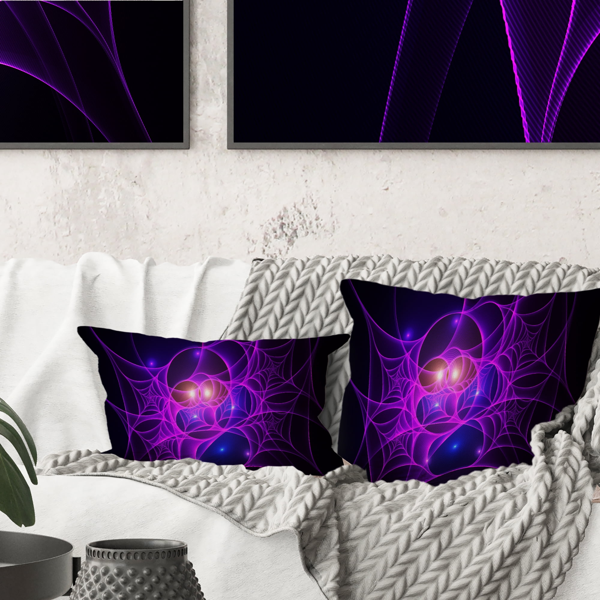 Designart Bright Purple Fractal Cobweb - Abstract Throw Pillow - 18x18