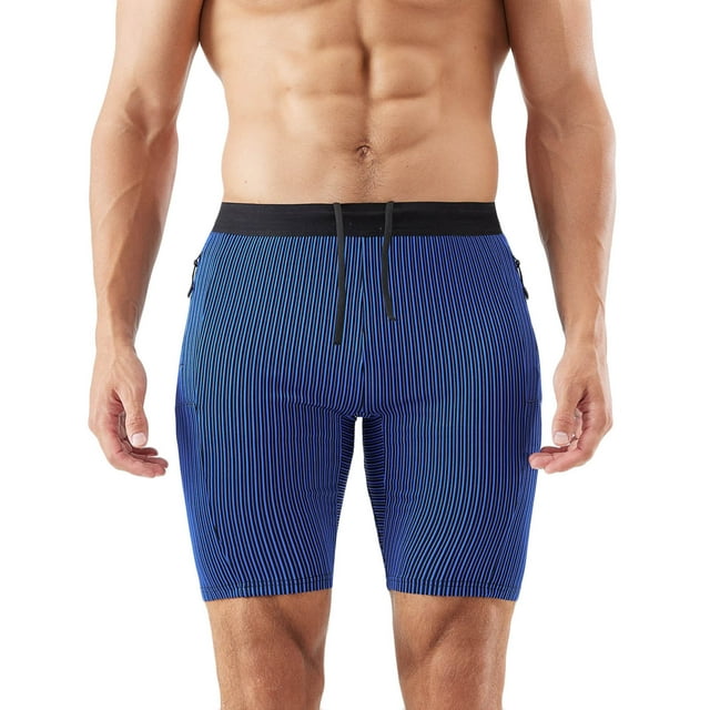 hotojiny Men's Stripe Compression Workout Shorts Fashion Breathable Drawstring Tight Gym Athletic Shorts with Pockets
