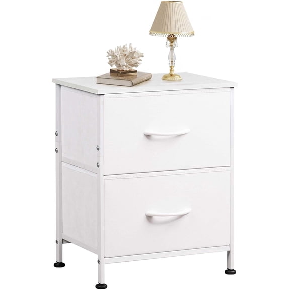 White Nightstand, 2 Drawer Dresser for Bedroom, Small Night Stand with Fabric Drawers, Bedside Furniture, End Table for Bedroom, Closet, Entryway, College Dorm