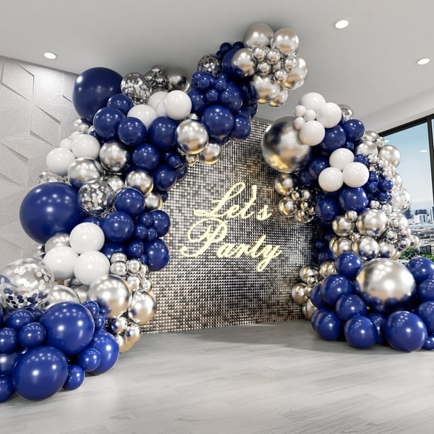 Kit de guirnaldas con forma de arco con forma de guirnalda de globos azul marino y plateado, globos blancos metalizados para cumpleaños, baby shower, bodas, fiestas de graduación