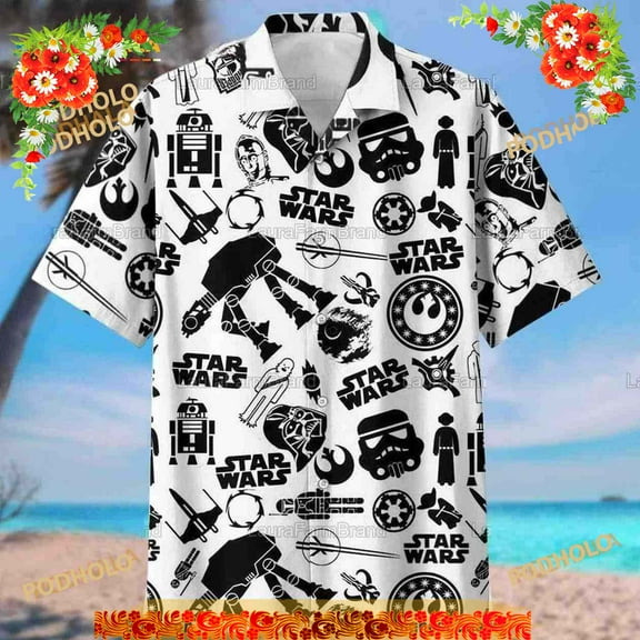 White Aloha Star Wars Hawaiian Shirt, Black Pattern Summer Beach Gift