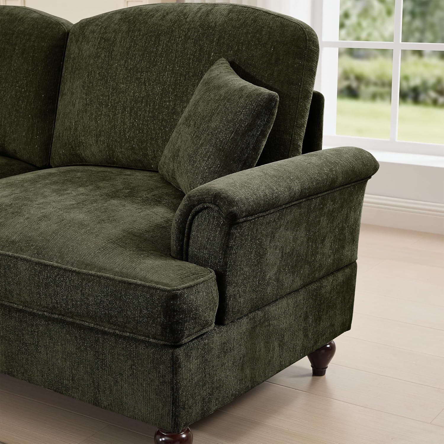 Chenille Sectional Sofa, L Shape 4 Seat Couch with Flared Arms & Removable Ruffles Pleats Skirts, Deep Seat Sofa for Living Room, Green