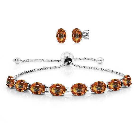 Gem Stone King 925 Sterling Silver Ecstasy Mystic Topaz Bracelet and Earrings Jewelry Set for Women (10.00 Cttw, Gemstone November Birthstone, Oval 7X5MM, Fully Adjustable up to 9 inch)