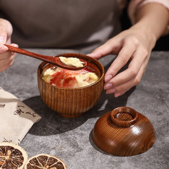 Soimiss Traditional Japanese Acacia Wood Soup Bowl with Lid for Serving