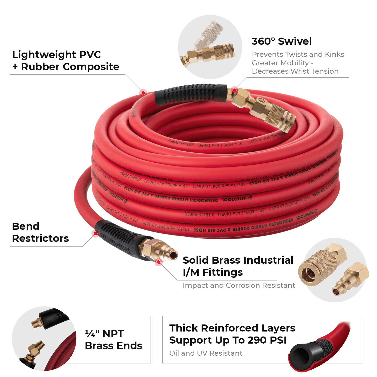 INTERTOOL Hybrid Air Hose 3/8-Inch x 50 Feet, Heavy Duty Reinforced Lining, Lightweight Flexibility, All-Weather Kink Resistance, 1/4-Inch MNPT, Brass Fittings, Plug, Quick Coupler PT08-1782