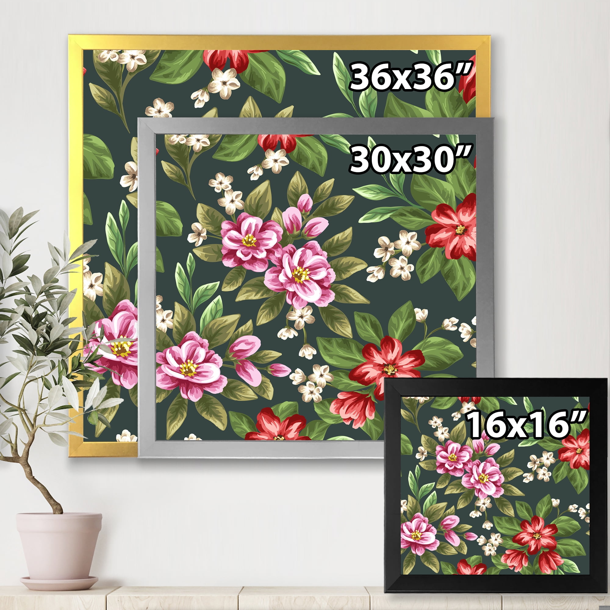 Designart 'Vintage Red and Pink Wildflowers I' Traditional Framed Art Print