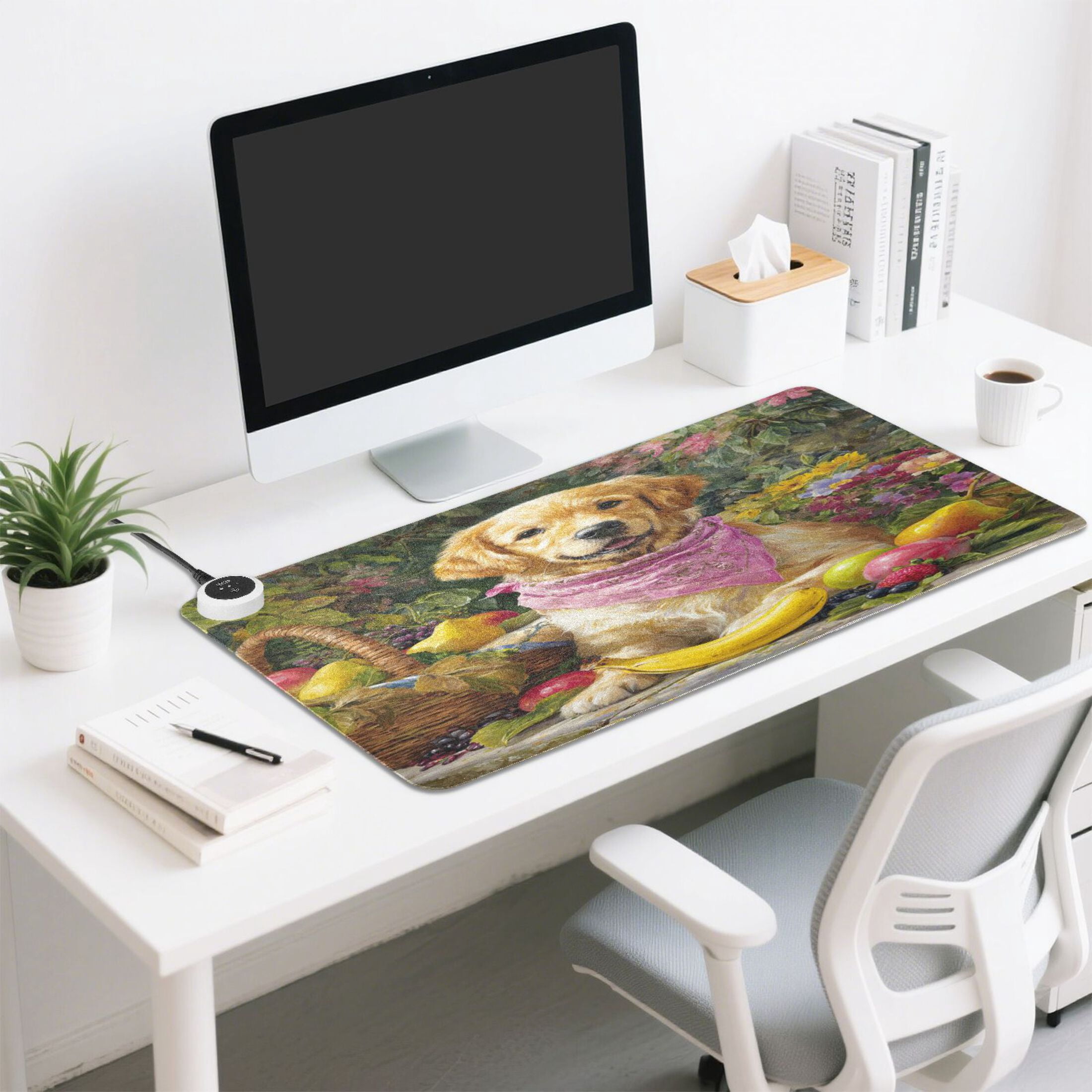 Large Heated Desk Mat Mouse Pad 31.5"x13"PU Leather Graphene Heating Desk Warmer with 3 Temperature Settings 110V US Plug Non-Slip Warm Pad for Home, Office, and Gaming Golden Retriever with Scarf