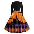 thumbnail image 6 of Women's Halloween Dress Bone Printed Long Sleeve Scary Tea Length Dress Pumpkin Hepburn Crew Neck Horror Swing Dress with Belt 3XL, 6 of 6