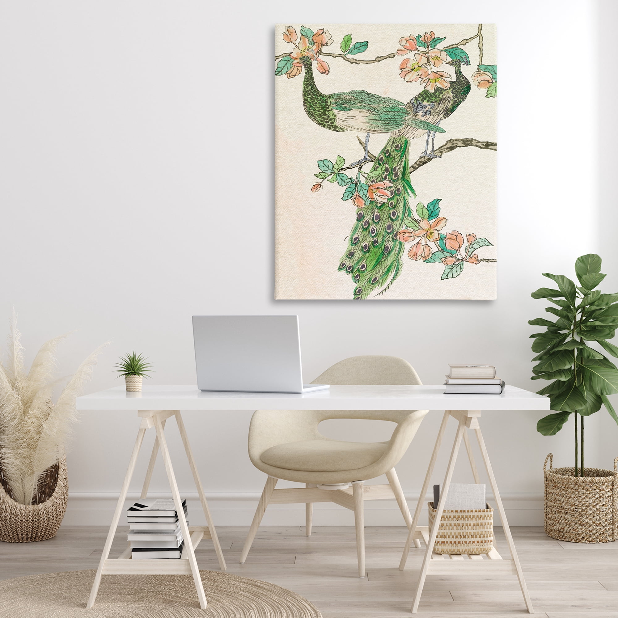 Stupell Industries Peacock & Cherry Blossoms Animals & Insects Painting Gallery Wrapped Canvas Art Print Wall Art, 36 x 48