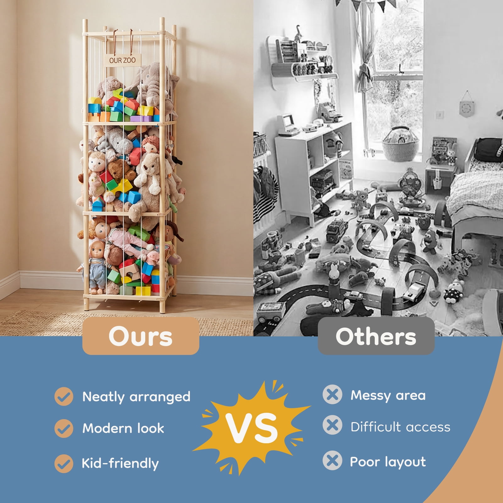 CONCETTA Toy Storage Organizer, Wooden Toy Holder Cage - Holds 40+ Plush Toys, Sturdy Wood & Steel Screw Construction for Toddler Room, Playroom, Bedroom, Wood