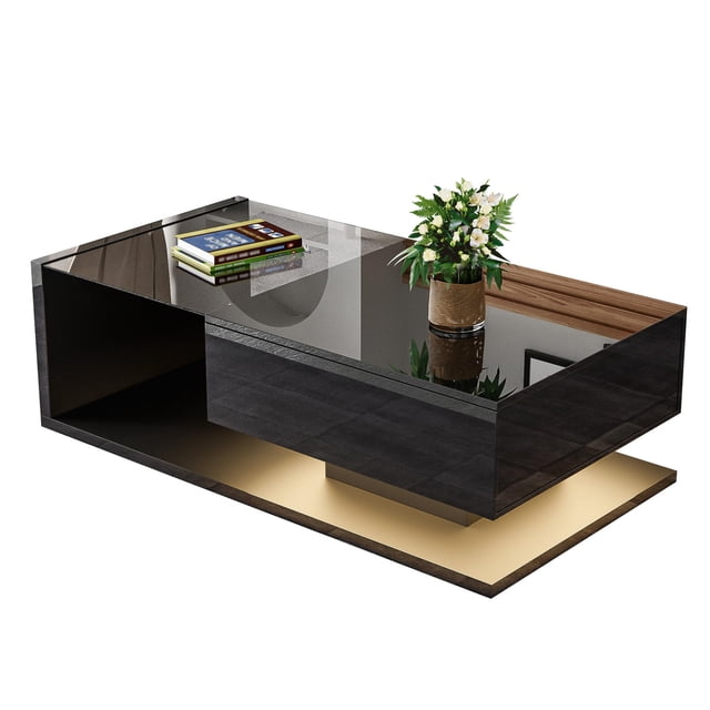 High-Gloss Coffee Table with Adjustable LED Lights and Drawer and Glass Tabletop, Modern Living Room Center Table, 39.4"x19.6"x12.7"