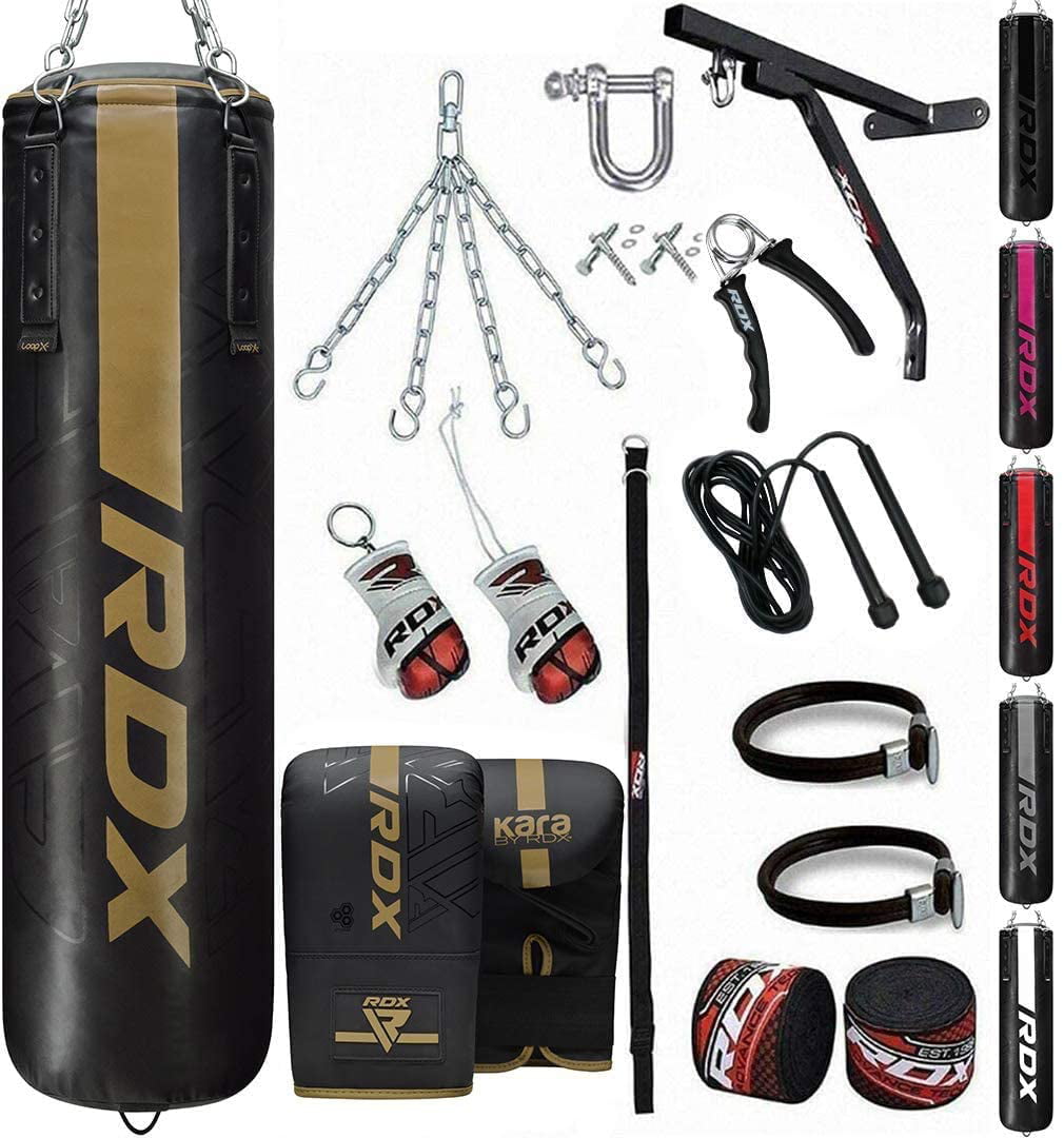 KARA Patent Pending RDX 17PC Punch Bag 5ft 4ft Heavy Filled Set Kickboxing Boxing MMA Muay Thai Karate Training Workout Non Tear Maya Hide Leather Adult Bag with Wall Bracket Punching Gloves Chain