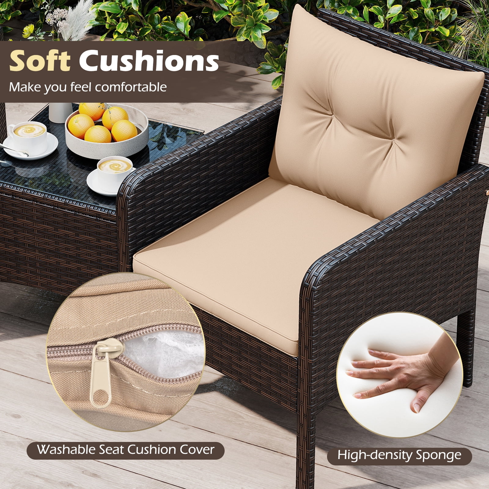 Costway 3PCS Outdoor Rattan Conversation Set Patio Garden Furniture Cushioned Sofa Chair