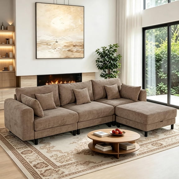 Cloud Couch, 112.4-Inch 4-Seat Chenille L-Shaped Modular Sectional Sofa with Storage Ottoman, Brown for Living Rooms