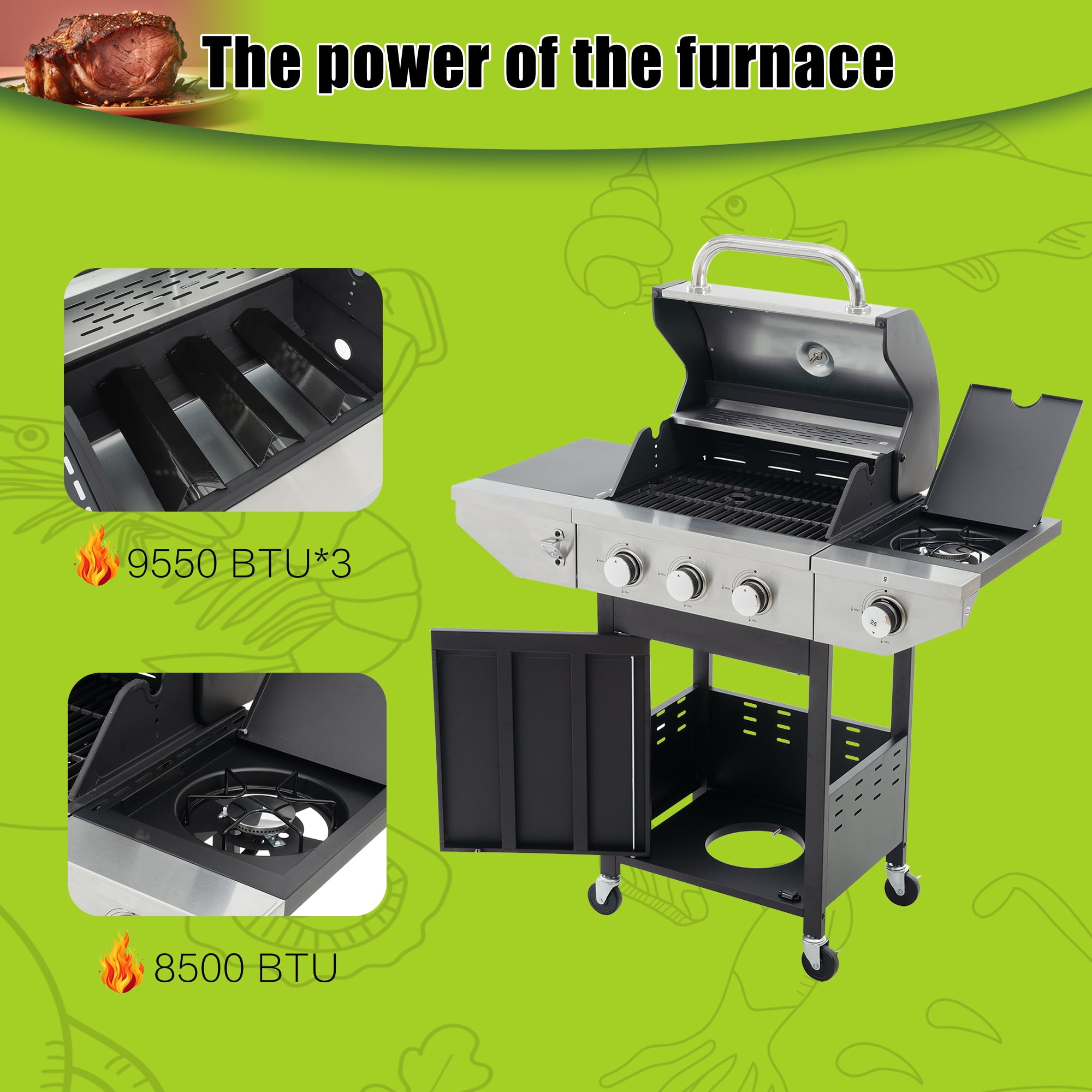 3 Burner Propane Gas Grill with Side Burner, Outdoor 37,150 BTU Stainless Steel Barbecue Grill with Lid, Wheels, Shelves and Thermometer for Camping, Outdoor Cooking
