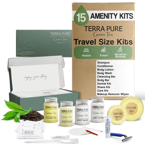 Juego a granel de jabones y artículos de tocador Terra Pure Hotel | 1-Shoppe Servicios todo incluido para hoteles | Champú y acondicionador de hotel de 1 oz, loción corporal y jabón en barra de 1,25 o