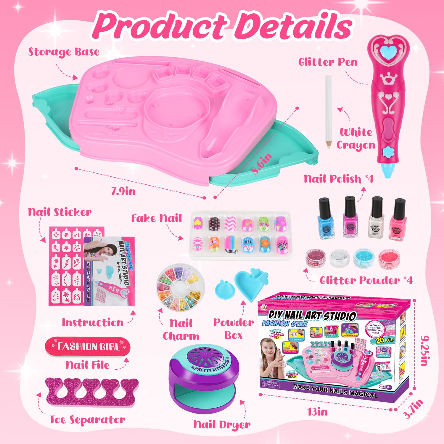UUSUOO Kids Nail Polish Set for Girls,30Pcs Nail Art Kit with Storage Desk,Nail Dryer,Glitter Pen,Non Toxic Nail Polish,Nail Kit for Girls Ages 7-12,Christmas Birthday Gift for Girls 6-12