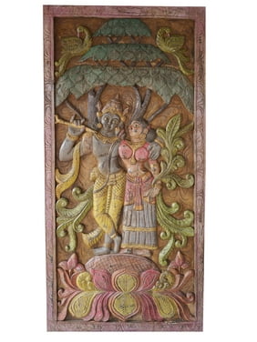 Mogul Vintage Barn Door Hand Carved Krishna Radha Carving spiritual Sculpture, Eclectic Interior