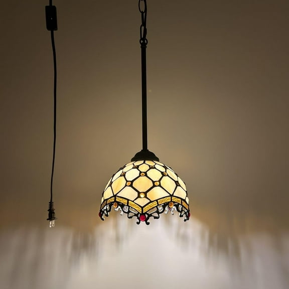 Tiffany Mini Hanging Lights Plug In Beige Stained Glass Crystal Beans LED Bulb Included 8”W*8”D*60”H