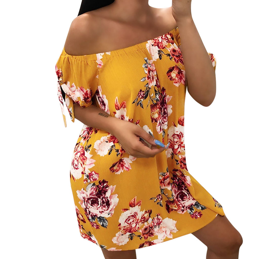 Henwerd Fashion Women Off Shoulder Summer Loose Dress Casual Lady Bohemia Floral Printed Dress 