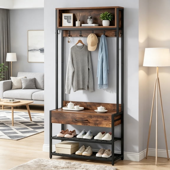 Coat Rack with Bench and Shoe Storage, 36.22 in Hall Tree