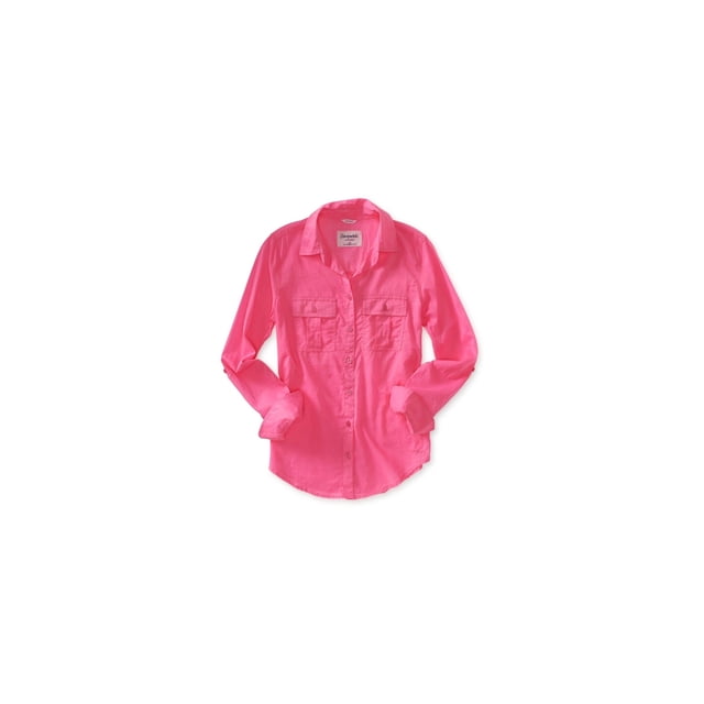 Aeropostale Camisa con botones de tejido transparente para mujer, rosa, grande Aeropostale Camisa con botones