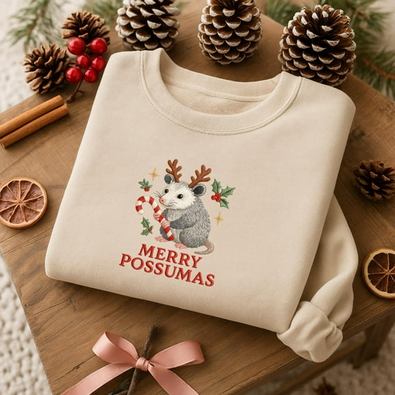 Embroidered Merry Possumas Sweatshirt, Funny Opossum Christmas Tee, Possum Lover Holiday Sweater Alternative, Xmas Gift