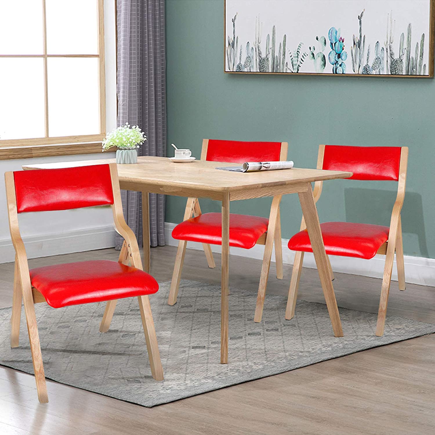 Natural Beechwood Solid Wood Folding Chair Armless with Vinyl Padded Seat Back for Home Dining Desk 4Set Red - image 5 of 8